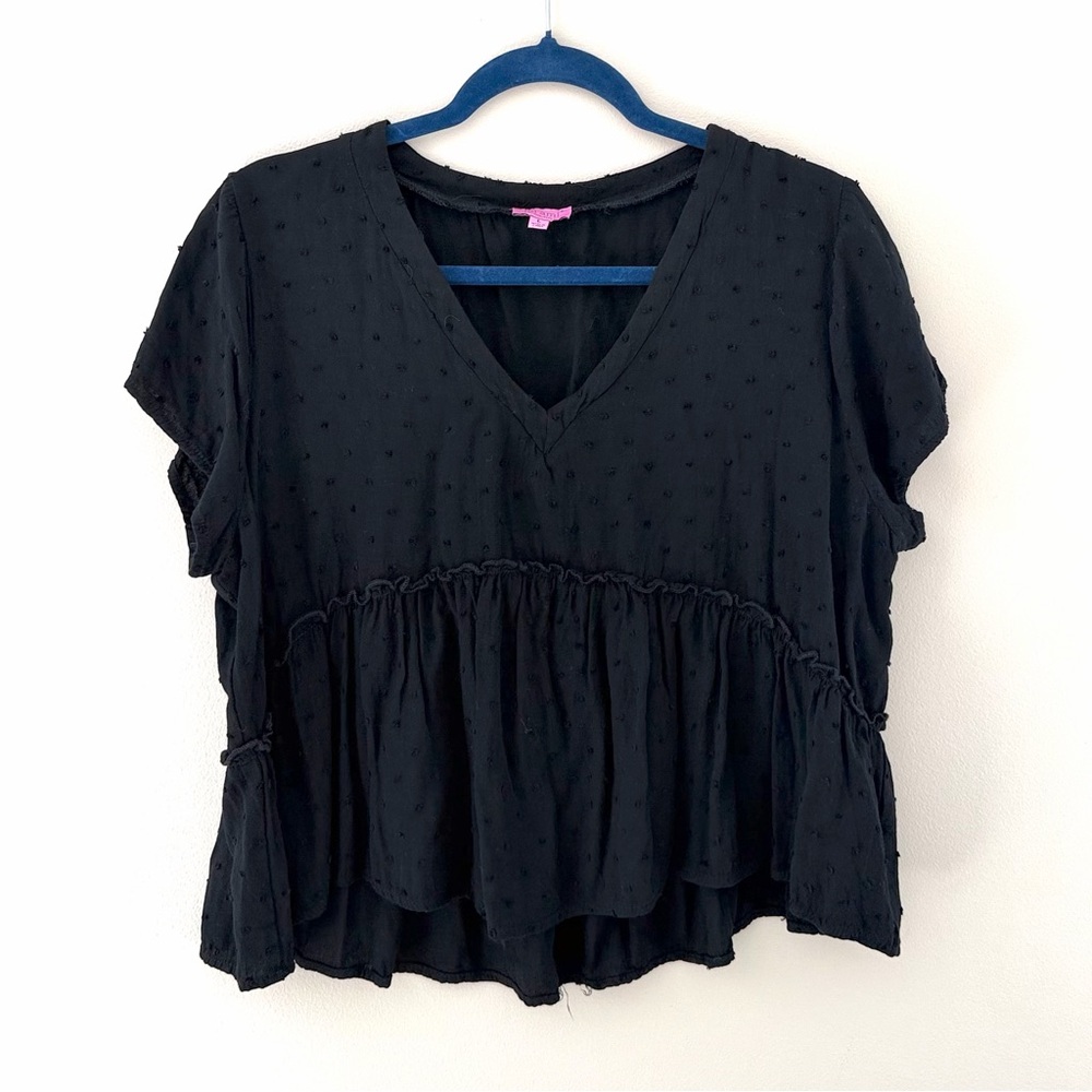 Black Flowy Cropped V-Neck Short Sleeve Ruffle Peplum Blouse